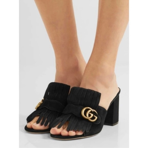 Gucci Shoes - Gucci Black Suede GG Marmont Fringe Slide Sandals